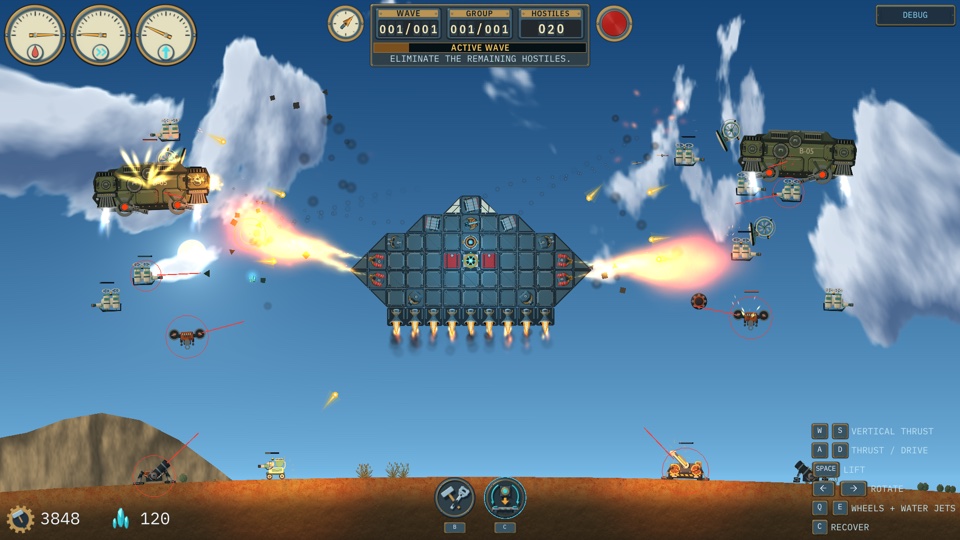 A flying fortress fires at enemy carriers and attack drones