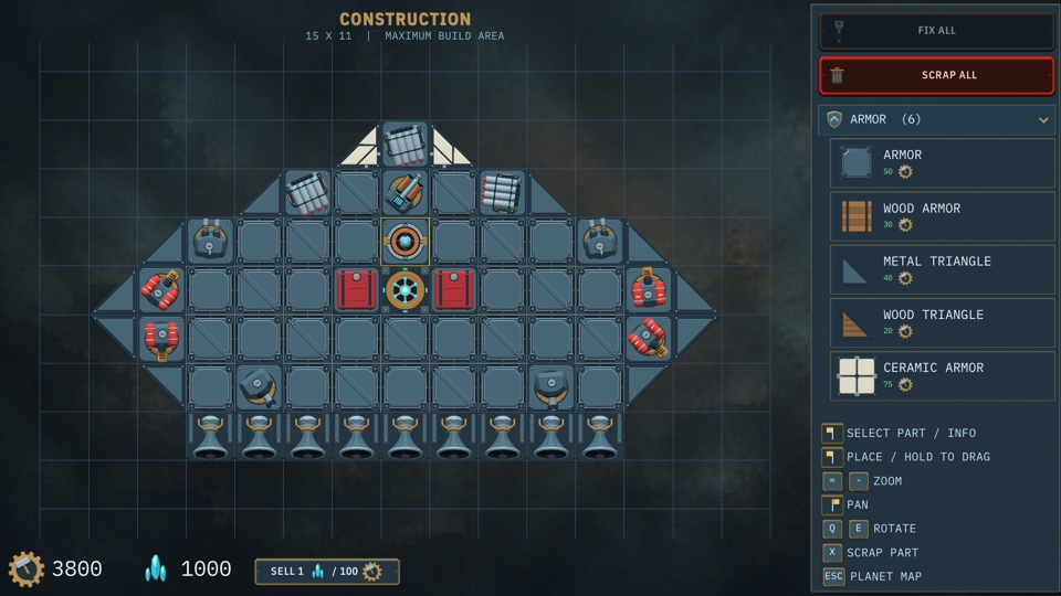 Building a custom fortress with armour, weapons, and thrusters