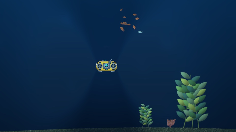 A yellow Dive Rover travels beneath a school of fish