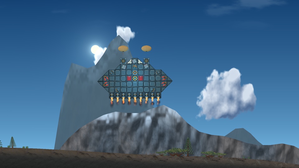 A modular flying fortress passes a snowy mountain peak