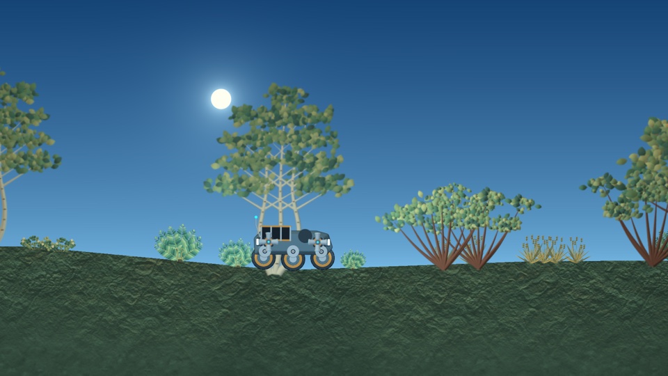 A four-wheeled Scout Rover explores a green hillside